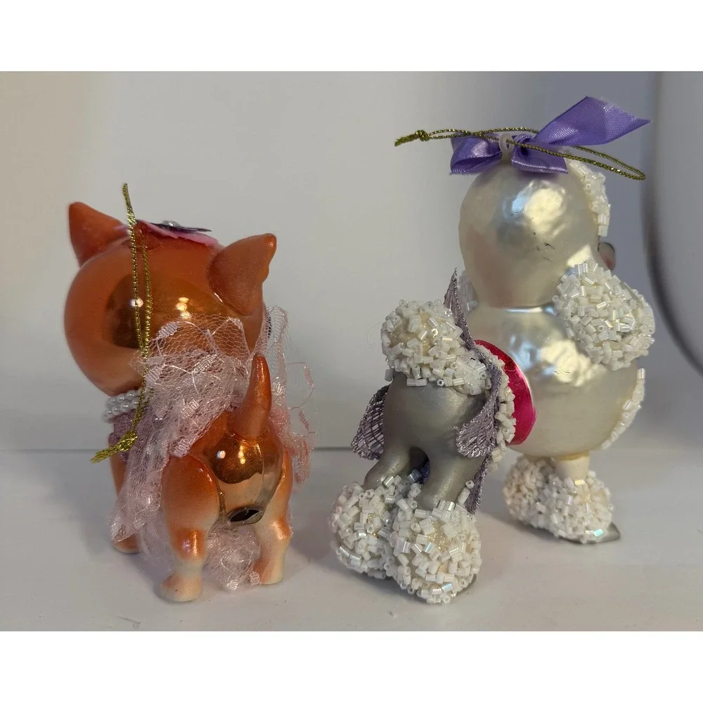 Glass Dog Christmas Ornaments Set Chihuahua Poodle Beaded Sequin Kitsch Decor